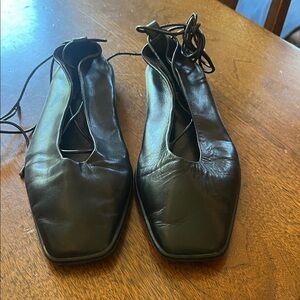 Massimo Dutti Black Leather Square-Toe Lace-Up Shoes